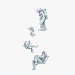 Dive phase: astronauts in pink-visored suits tumbling and falling downward through space.