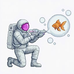 Fish phase: a kneeling astronaut aiming a weapon at a glowing goldfish inside a bubble.