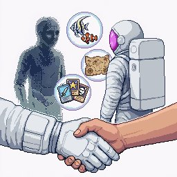 Offload phase: two astronauts shaking hands to trade loot, surrounded by floating item icons.