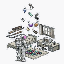 Rest and Reset phase: an astronaut sitting in a bedroom surrounded by scattered collected loot.